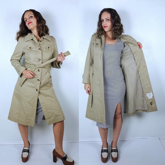vintage 70s Tan FITTED Belted TRENCH COAT Small short trench coat princess coat - Picture 9 of 10